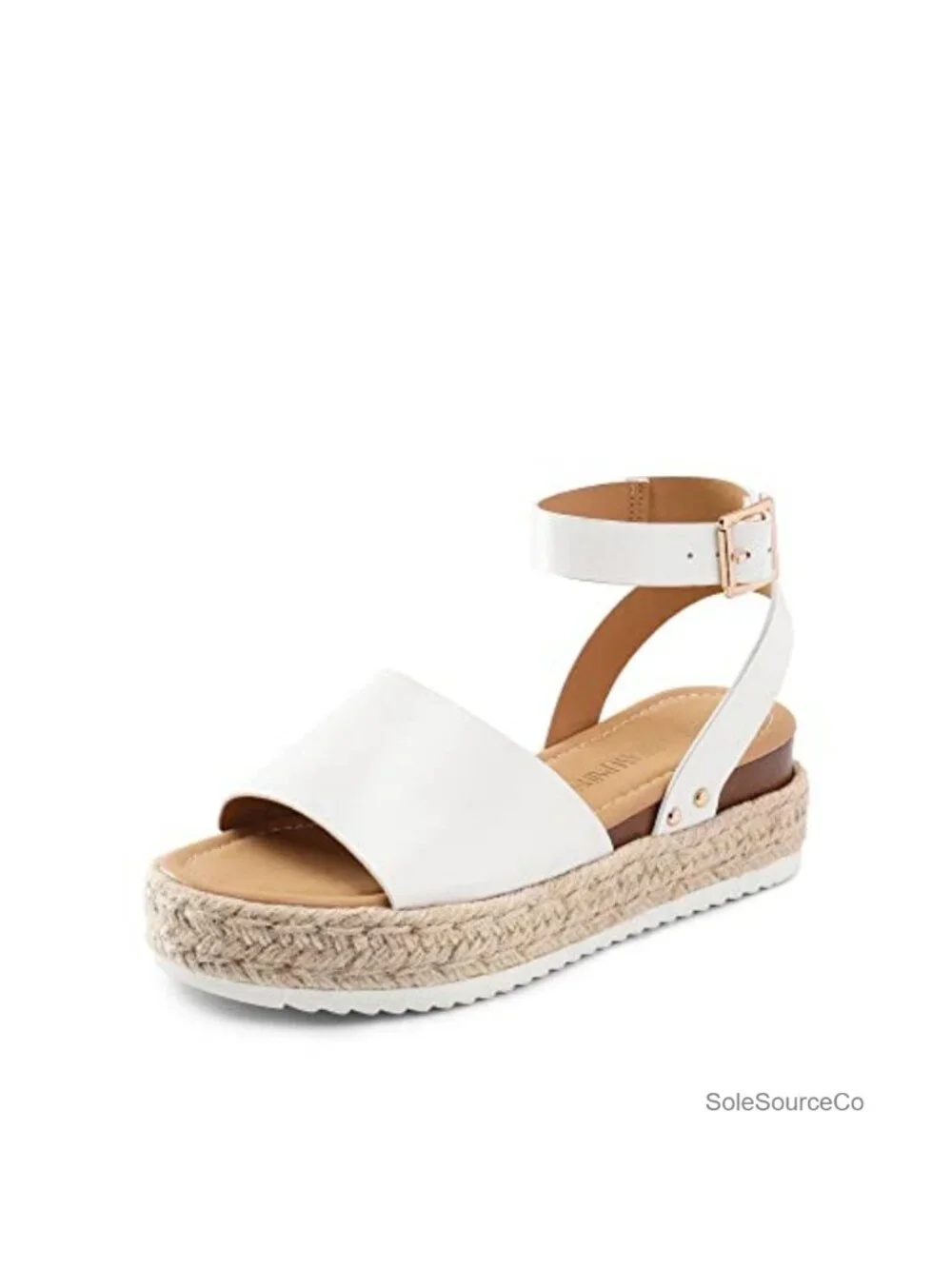 Women's Platform Espadrille Wedge Sandals with Ankle Strap, Faux Leather & Jute